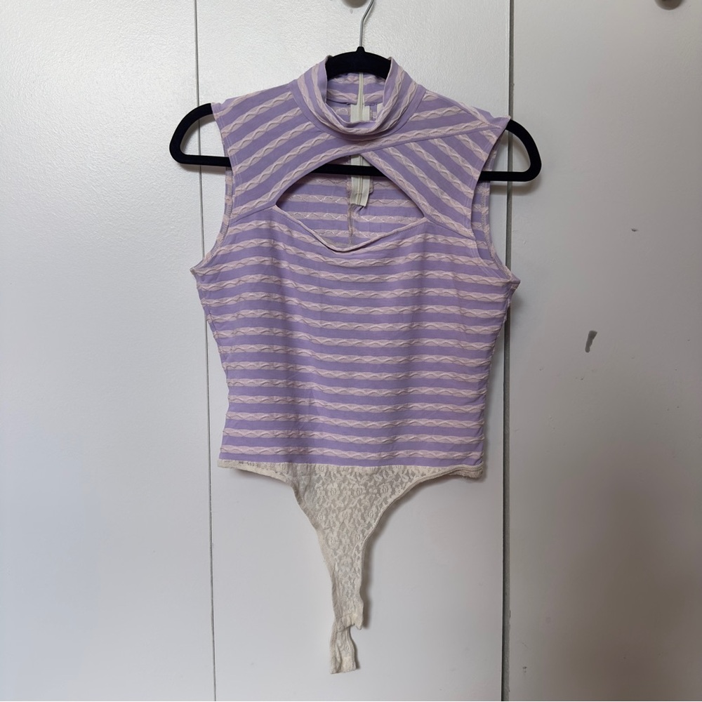 Cache Keyhole Front Mock Neck Bodysuit Lavendar stripe lace thong